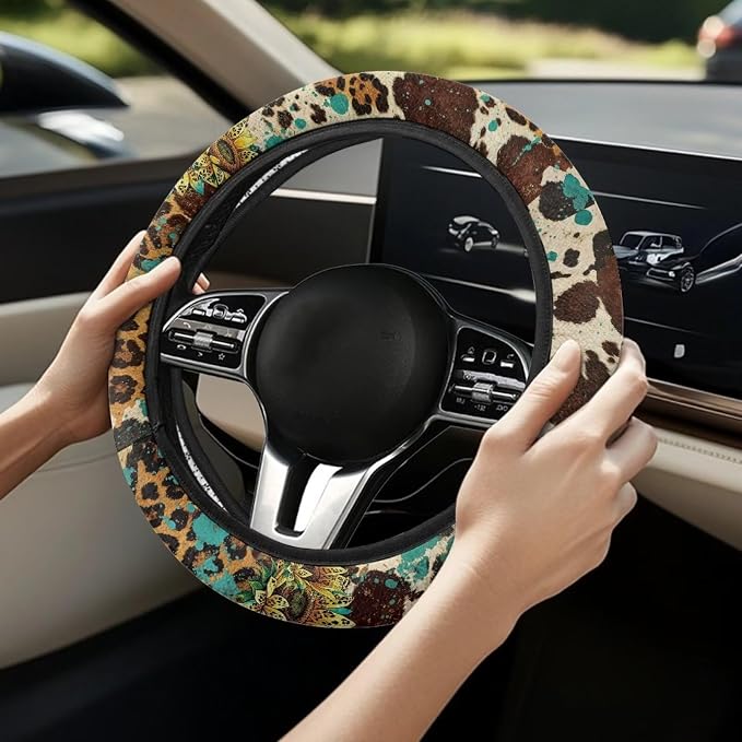 Universal Steering Wheel Cover with Elastic Edge for Women 14-15 in | Leopard Print Sunflower, Breathable Steering Wheel Protector for Cars Interior Accessories