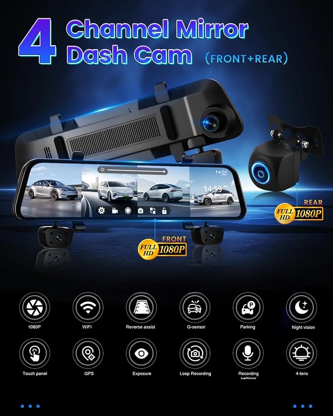 12'' Rearview Mirror Camera for Cars, 360 Degree View 4 Channel Cam, 1080Px4 Rear View Mirror Cam, IR Night Vision for Left and Right Inside Car Camera, GPS, WiFi/APP Control + 64GB Card