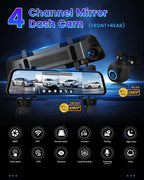 12'' Rearview Mirror Camera for Cars, 360 Degree View 4 Channel Cam, 1080Px4 Rear View Mirror Cam, IR Night Vision for Left and Right Inside Car Camera, GPS, WiFi/APP Control + 64GB Card
