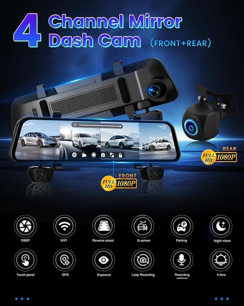 12'' Rearview Mirror Camera for Cars, 360 Degree View 4 Channel Cam, 1080Px4 Rear View Mirror Cam, IR Night Vision for Left and Right Inside Car Camera, GPS, WiFi/APP Control + 64GB Card