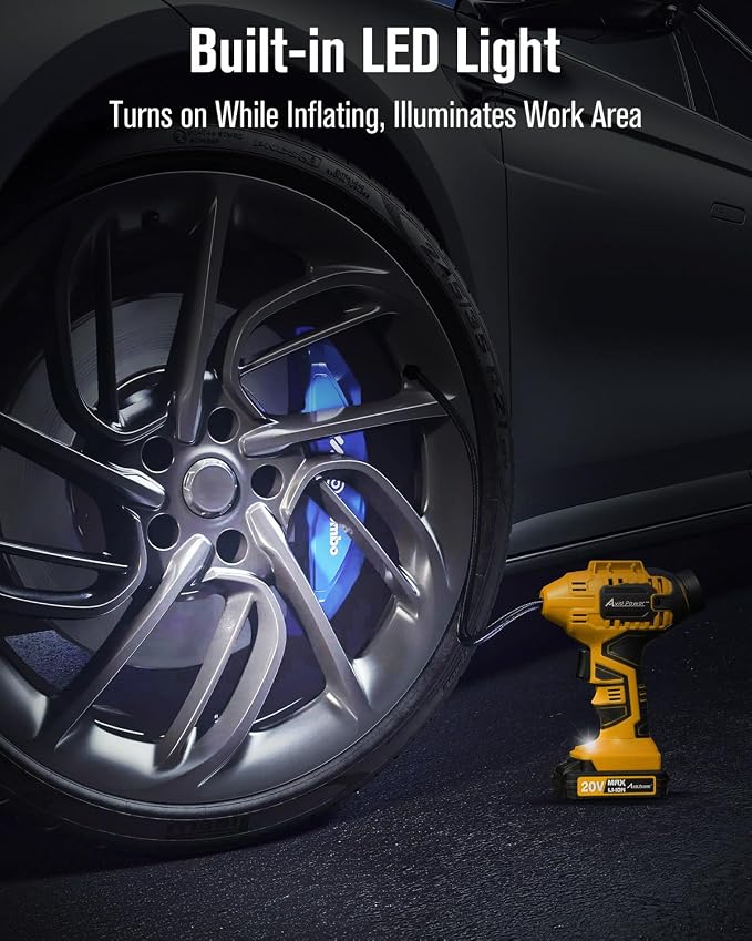 Tire Inflator Portable Air Compressor, 20V Cordless Car Tire Pump with Rechargeable Li-ion Battery, 12V DC Adapter, Digital Pressure Gauge, Battery Powered Tire Inflator (Industrial Yellow)