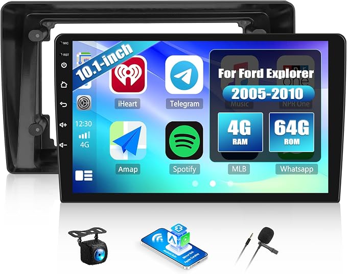 4G+64G Android Car Stereo for Ford Explorer 2005-2010 10.1 Inch Touch Screen with CarPlay Android Auto Mirror Link UI Bluetooth FM GPS Navigation WiFi FM SWC Shot Cut Backup Camera MIC