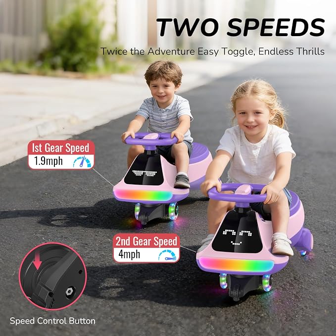 12V Electric Wiggle Car for Kids with Pedal, Display, Rechargeable Battery, LED Light, Bluetooth, Light-Up Wheels, Anti-Rollover, 2 Speeds, Ride on Toys, Birthday Gifts for Age 3+, 150Lbs