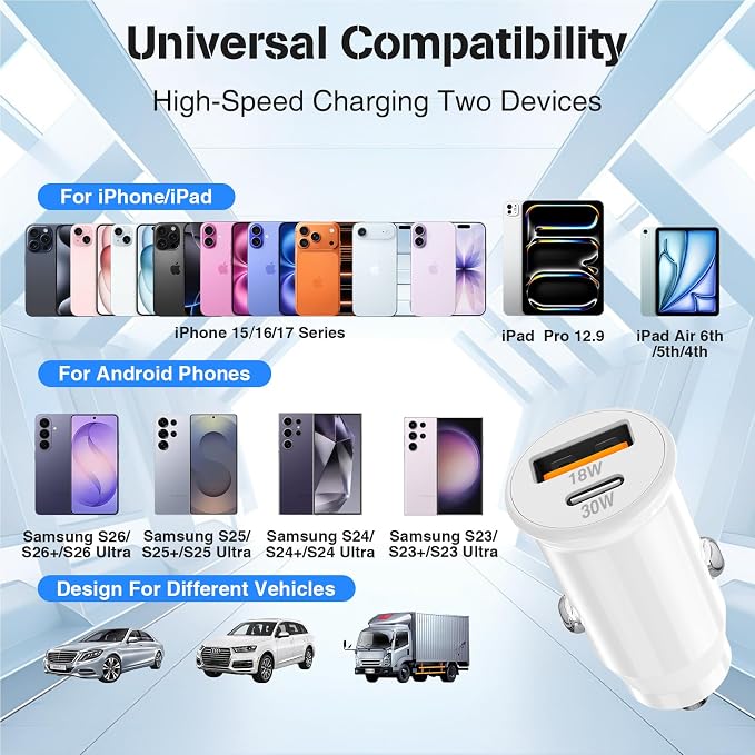 48W USB C Car Charger for iPhone 17 16 15 Pro Max, 48W Dual Port USB-C & USB-A Car Fast Charging Adapter, 2X3FT C to C Cable & A to C Carplay Cable for iPhone 17 16 15 Series/iPhone Air, iPad, Samsung