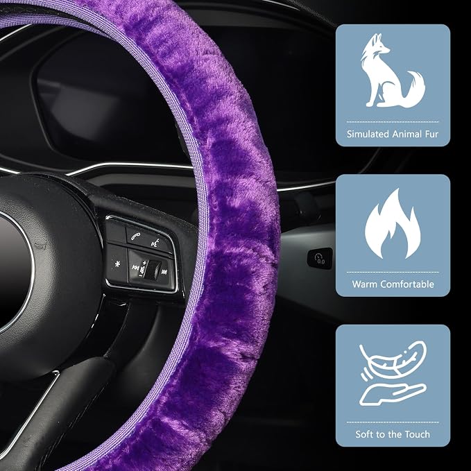 Fluffy Steering Wheel Cover, Universal 15 Inch Elastic Plush Softy Steering Wheel Cover for Women Girls, Anti-Slip, Odorless, Winter Warm, Purple