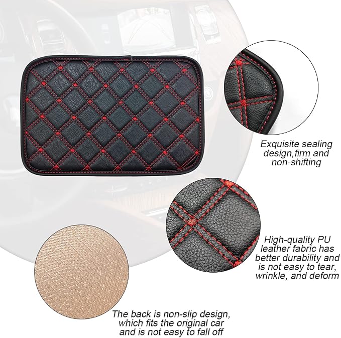 Car Leather Center Console Cushion Pad, 11.4"x7.4" Waterproof Armrest Seat Box Cover Fit for Cars, Vehicles, SUVs, Comfort, Car Interior Protection Accessories (Black/Red-2)
