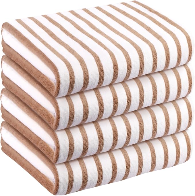 Microfiber Beach Towels Set of 4, 30" x 60", Cabana Stripe, Soft Absorbent, Quick Dry Bath Towel for Salon, Hotel, Travel, Sport, Summer Swimming Pool Party, Yoga, Camping, Coffee