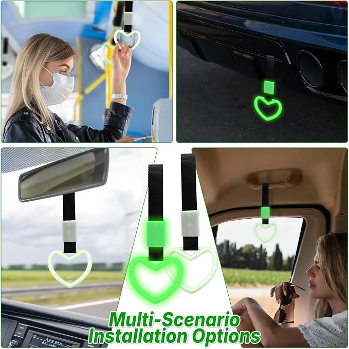 2 Pcs Heart Shaped Car Handle Strap – Drift Charm Rear Bumper Warning Ring Decor for Car Interior Exterior, Subway Bus Handle Accessory, Cute Heart Car Decor Gift for Women & Men (Luminous Green)