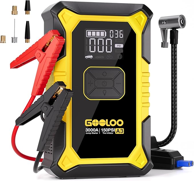A3 Jump Starter with Air Compressor, 3000A Portable Car Battery Jumper Starter (9.0L Gas/6.5L Diesel) with 150PSI Auto-Shutoff Tire Inflator, 12V Supersafe Lithium Jump Box Car Booster, Yellow