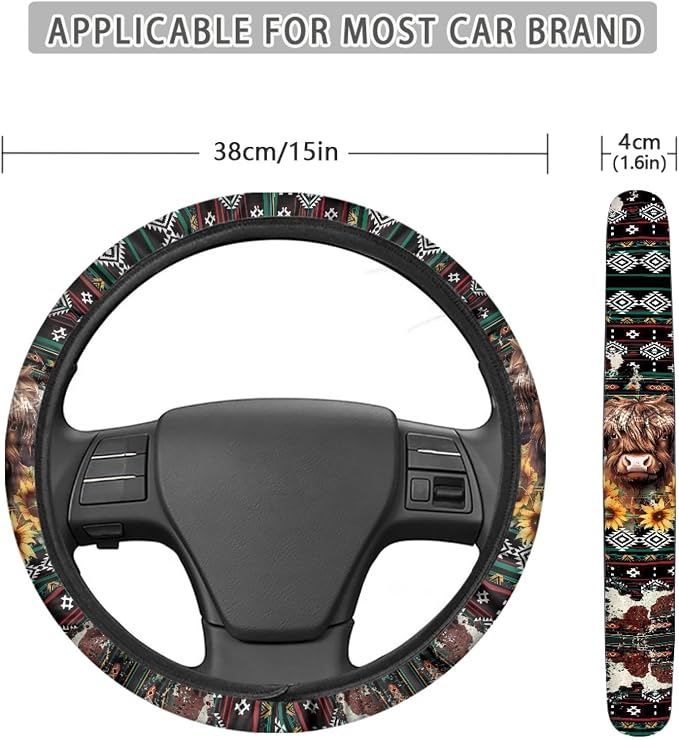 Aztec Highland Cow Sunflower Car Steering Wheel Cover Universal 15 Inch Breathable Better Grip, Cute Car Accessories Decoration for Women Men