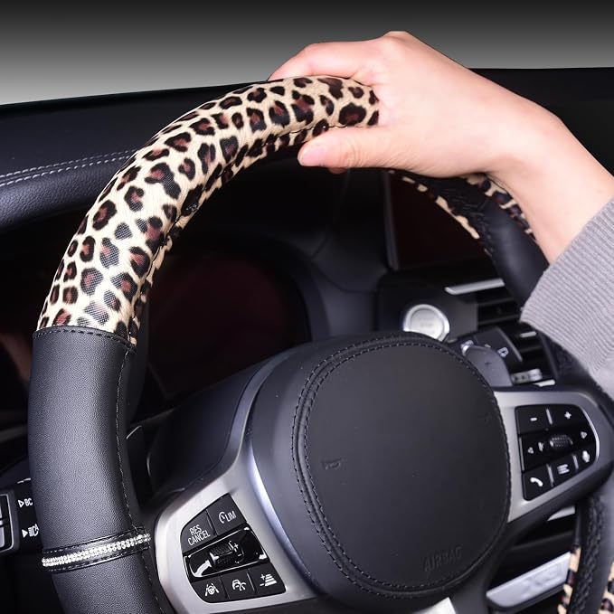Leopard Steering Wheel Cover - Bling Crystal Rhinestones Cheetah Print on Leather Non-Slip Breathable Design for Women/Girls Universal Fit 14.5-15 Inch(Black & Yellow)