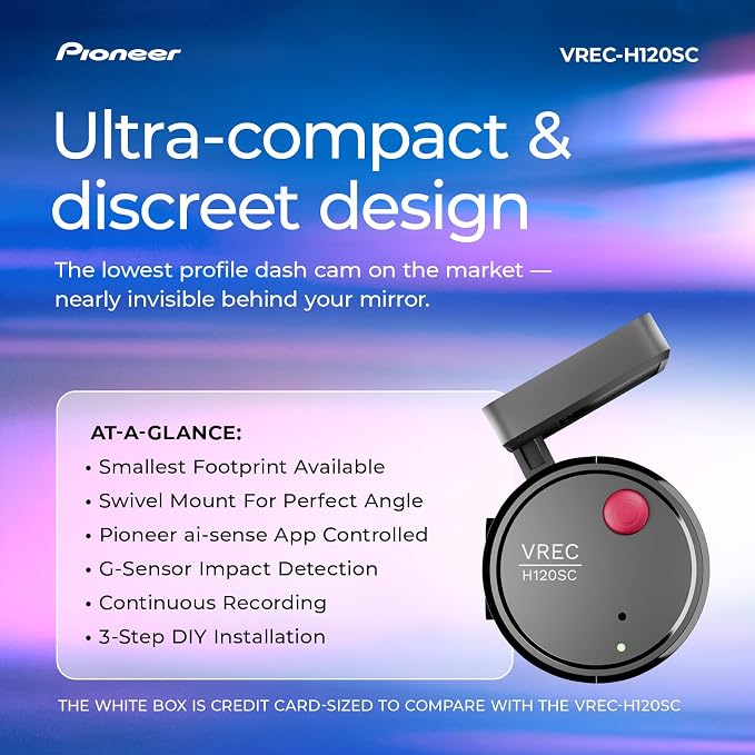 VREC-H120SC Compact Dash Camera – Discreet 1.5K Resolution Front Dash Cam for Cars with Impact Detection, 120 Degree Wide Angle Coverage, Built-in WiFi, Companion App, USB-C Easy Install