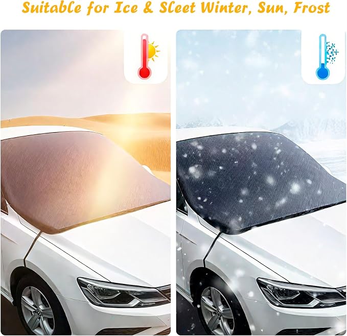 Car Windshield Snow Cover with Side Mirror Covers， Weatherproof Suitable for Ice & Sleet Winter, Sun, Frost, Extra Large Size Fits for Most Vehicles and SUV (83" x 65")