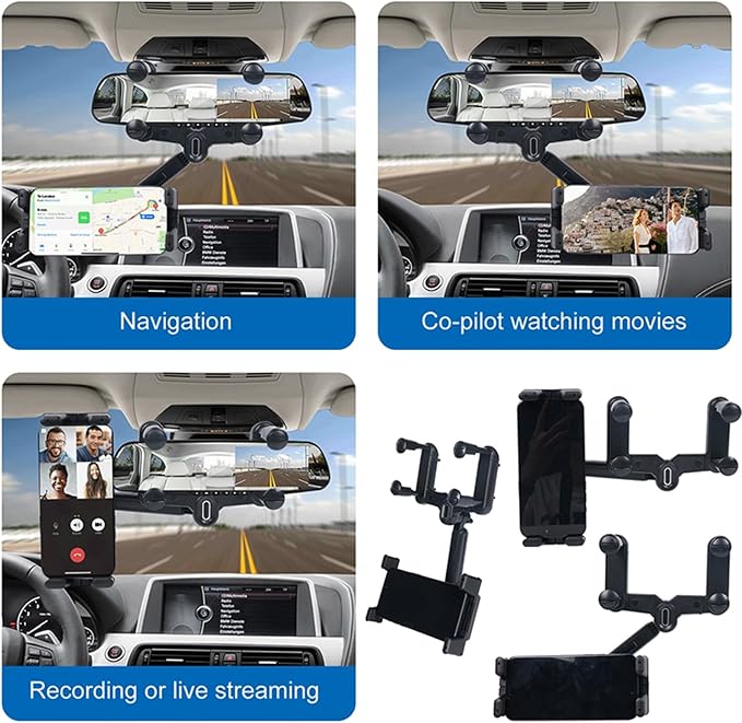 kelofam Phone Mount for Car,Car Rear View Mirror Phone Holder, Multifunctional 360°Rotatable and Retractable Tablet Holder for Car，Suitable for iPhone,iPad,Samsung Z Fold 7 6 5, All Foldable Phones