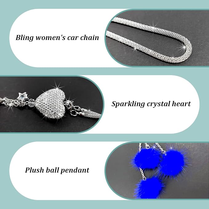 Bling Diamond Heart Car Interior Accessories, Car Mirror Hanging Ornament for Women, Love Heart & Pink Plush Ball Decor Ornament Pendant (Dark Blue)