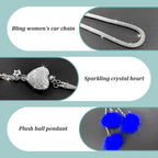 Bling Diamond Heart Car Interior Accessories, Car Mirror Hanging Ornament for Women, Love Heart & Pink Plush Ball Decor Ornament Pendant (Dark Blue)