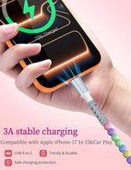 USB A to USB C Cable 6FT,Beaded Phone Charger Cord for iPhone 17 16 Pro Max 16e 15 Car play,Type C Cute Car Charger Charging Cord for iPad 10 11 A16/Samsung S26 S25 Ultra S24/Pixel/Android Girls Women