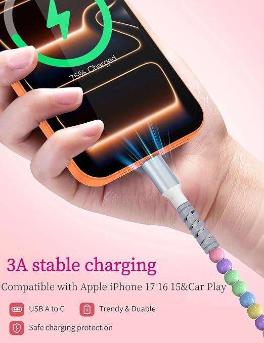 USB A to USB C Cable 6FT,Beaded Phone Charger Cord for iPhone 17 16 Pro Max 16e 15 Car play,Type C Cute Car Charger Charging Cord for iPad 10 11 A16/Samsung S26 S25 Ultra S24/Pixel/Android Girls Women