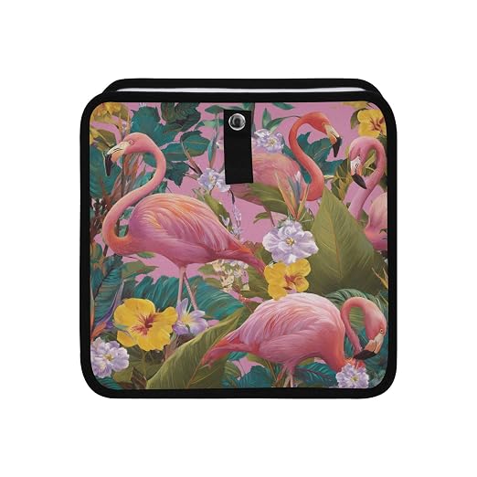 Car Trash Can Organizer Bin with Adjustable Strap for Back Front Seat Console Waterproof Leakproof Collapsible Portable 8.66 Inch Pink Romantic Tropical Flamingo and Plants