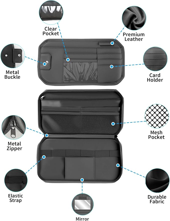 Car Sun Visor Organizer with Zipper Pockets PU Leather Storage Bag with Elastic Straps and Glasses Clip Sunvisor Organizers for Car SUV Truck