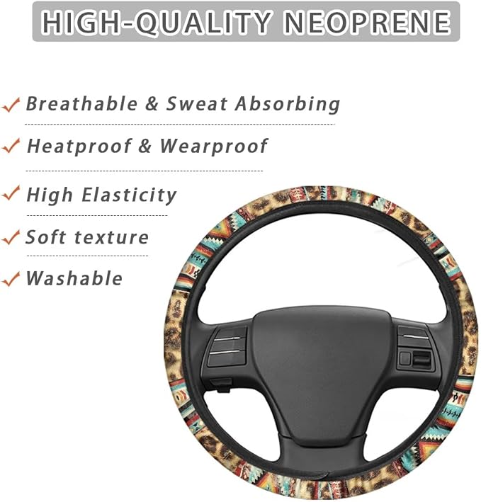 Car Steering Wheel Cover Universal 15 Inch Auto Accessories Car Interior Decoration for Women Men Fit SUV Sedan Van Truck, Vintage Aztec Leopard Print
