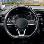 Flat Bottom Steering Wheel Cover Carbon Fiber, D Shaped Car Wheel Cover 14 1/2-15 in. (37-39 cm), Black Microfiber Leather with Carbon Fiber Pattern