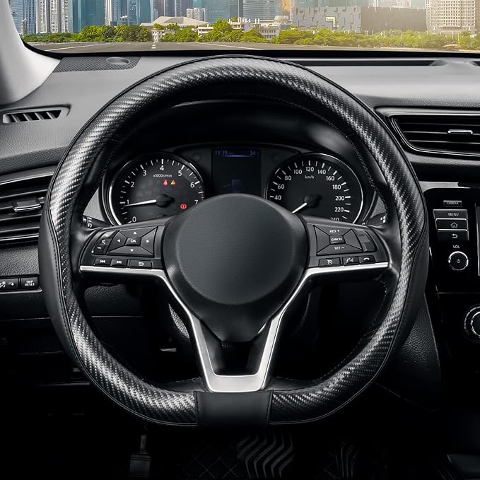 Flat Bottom Steering Wheel Cover Carbon Fiber, D Shaped Car Wheel Cover 14 1/2-15 in. (37-39 cm), Black Microfiber Leather with Carbon Fiber Pattern