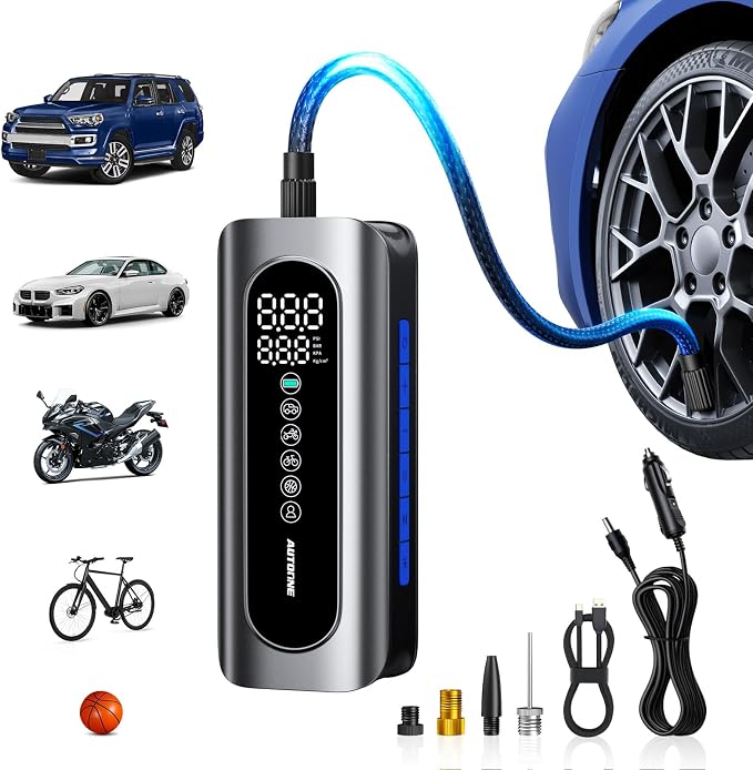 Tire Inflator Portable Air Compressor - 4X Faster 150PSI Cordless Air Pump with Digital Tire Pressure Gauge, 12V Car Power Adapter - for Car Motorcycle Bike Ball and More