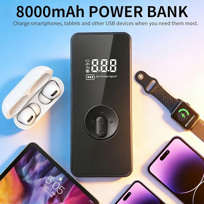 8000A Jump Starter with Air Compressor - 12V Portable Car Battery Booster Pack (Up to 6.0L Gas/3.0L Diesel), 150 PSI Tire Inflator with Detachable Hose, 80000mAh Power Bank for Phones & Tablets