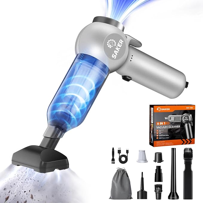Car Vacuum Portable 6-in-1 Handheld Cordless Vacuums, 20000PA Suction, 7800mAh Blower, Window Breaker, Seatbelt Cutter for Car, Home & Office Cleaning SW102 Silver