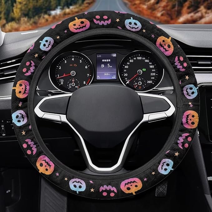 Auto Steering Wheel Cover Unviersal 15 Inch Steering Wheel Wrap Cover Halloween Car Interior Accessories Decor for All Seasons, Pumpkin Gradient