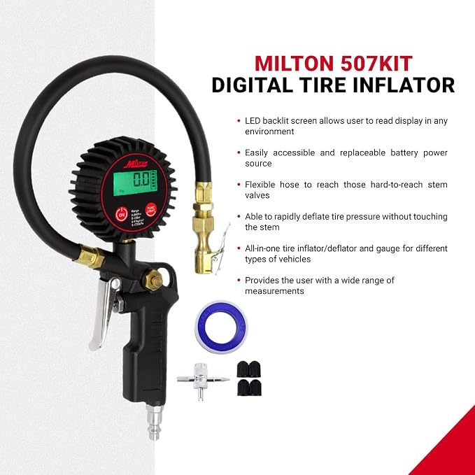 507KIT Digital Tire Inflator Car Accessories w/Accurate Air Tire Pressure Gauge, 14” Rubber Air Hose – 250 PSI, Brass Lock-On Clip Air Chuck and Compressor Accessories