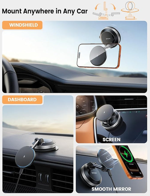 15W for MagSafe Car Mount Charger - [70 LBS Strongest Suction] Magnetic Wireless Car Charger, Suction Cup Phone Mount, Vacuum Magnetic Phone Holder Car Mount for iPhone 17 Pro Max 16 Silver