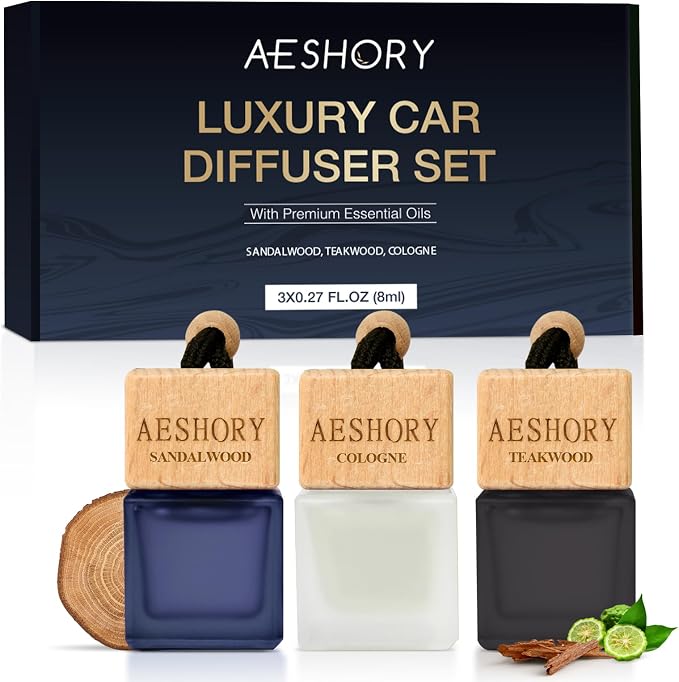 Aeshory 3 Pack Car Air Freshener Hanging, Wood Fragrance with Sandalwood, Teakwood & Cologne, Long Lasting Scent for 60 Days, Men Car Diffuser, 8ML/0.27 FL OZ