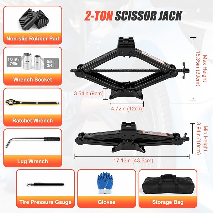 2 Ton Scissor Jack, Upgrade 4409 Lbs Car Jack Kit with 2 Rubber Pads, 10PCS Small Portable Car Jack Emergency Kit with Ratchet Wrench, Tire Repair Changing Kit for Vehicles SUV Sedan MPV UTV