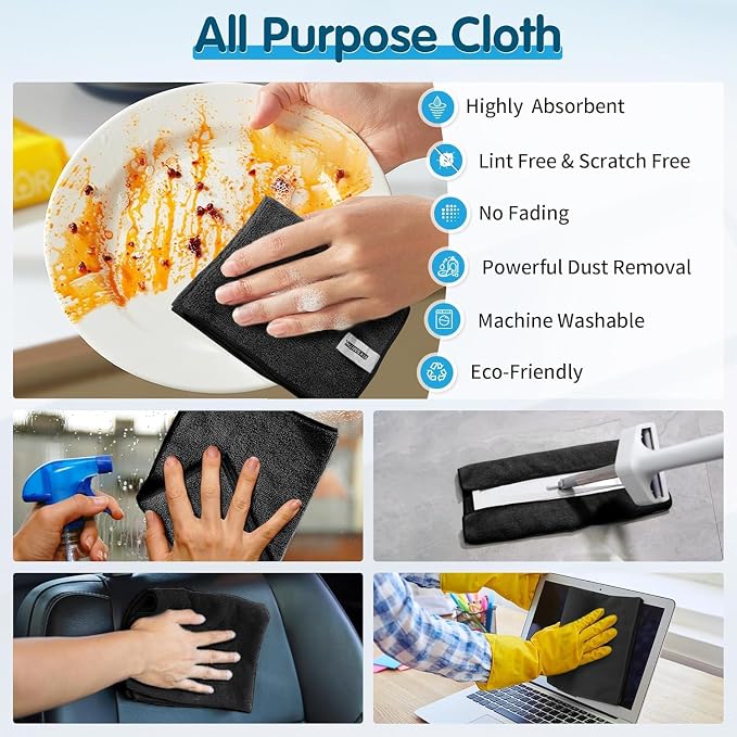 Black Microfiber Cleaning Cloth -Pack of 50, Highly Absorbent Cleaning Rags, 16"X12" All Purpose Cleaning Towels for Housekeeping, Kitchen, Car, Lint Free and Reusable Microfiber Towels