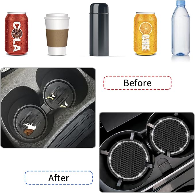 Car Coasters, 4 Pack Universal Vehicle Bling Car Coaster, Crystal Rhinestone Coaster for Cup Holders, Car Interior Accessories 2.75'' Silicone Anti Slip Car Coasters for Women (Black)