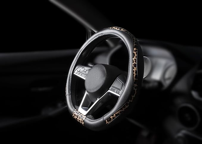Steering Wheel Cover - Flat Bottom Wheel Cover Made with PVC Leather and Leopard Fabric - Universal Fit for 15-Inch D-Shaped Automotive Steering Wheels (Black Color)