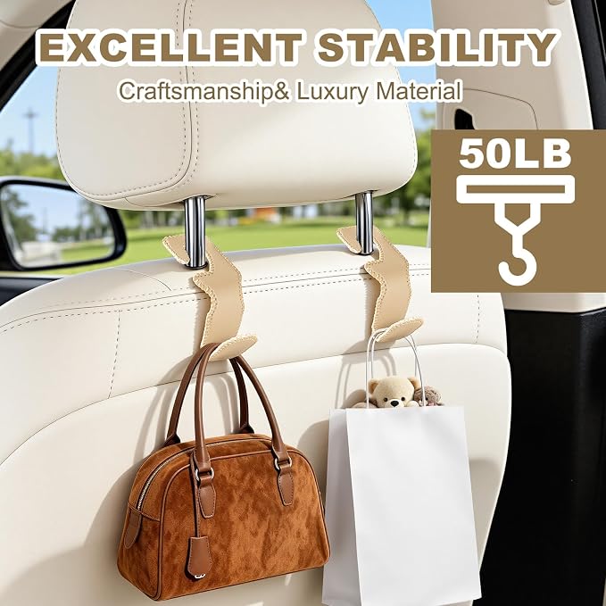 Car Purse and Coat Hanger - 2Pack Beige Leather Hooks for Hanging Purses, Bags and Coats