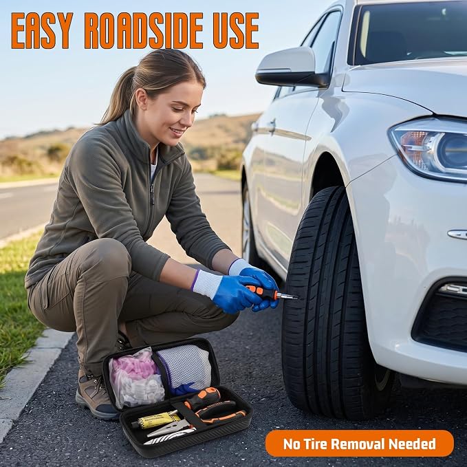 Tire Repair Screws Kit, 66pcs Tire Plug Kit, with Pliers, Screwdriver, Gloves, Glue and Storage Case, Emergency Flat Tire Puncture Repair, No Tire Removal Needed