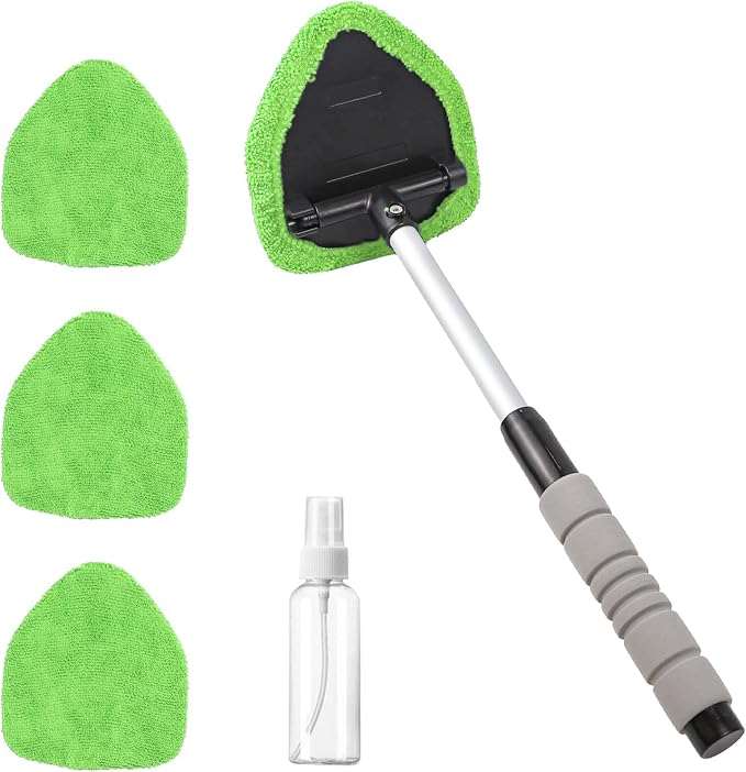 Car Windshield Cleaning Tool, Car Windshield Window Cleaner, Auto Window Glass Cleaning Kit with Extendable Handle & Reusable Microfiber Pad & Spray Bottle, Universal Car Accessories (Green)