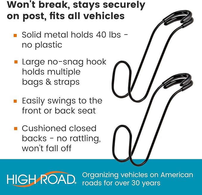 Metal Car Hooks for Purses and Bags - Large Hooks Won't Slip Off or Rattle | 2-pack Car Headrest Hooks Fit All Sized Metal Posts - Secure Attachment Holds Multiple Bags, Wide Straps and Hard Hats