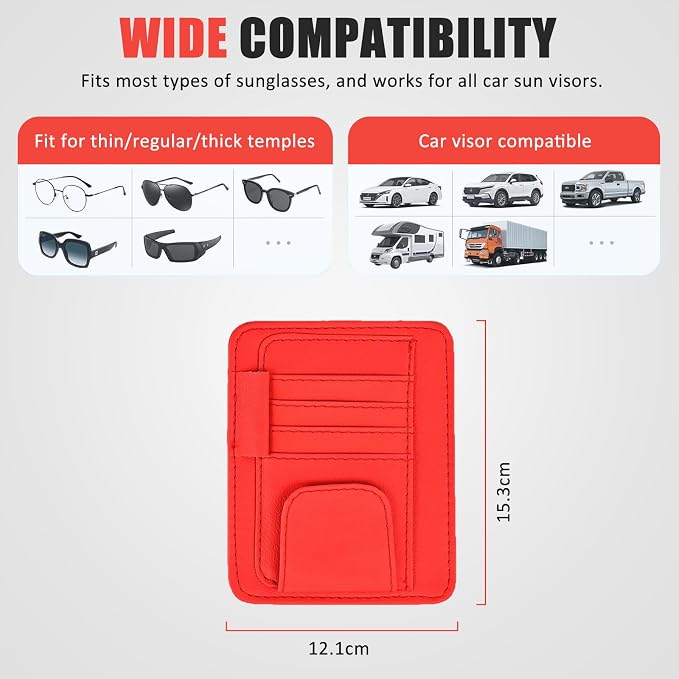 Sunglass Holder for Car Visor, Multi-Pocket Leather Car Sun Visor Organizer with Ticket Pens Card Clip, Sunglasses Holders,Suitable Eyeglasses,Car Accessories Keep Tidy (Red)
