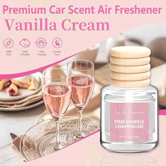 Car Air Freshener - Pink Sparkle Champagne Fragrance, 6 Pack Long Lasting Essential Oil Fragrance Diffuser, Hanging Cute Automotive Perfumes Interior Decor, Pink Car Accessories for Women & Men