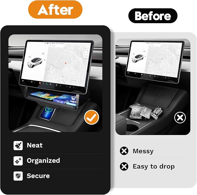 Hidden Under Screen Storage Box for 2016-2026 Tesla Model Y/Model 3 Accessories,One‐Click Open & Silent Damping Slides Center Console Organizer (Fit New Model Y Juniper/Model 3 Highland)