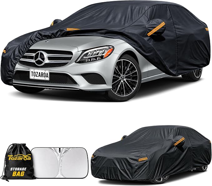 Car Cover Custom Fit for Mercedes-Benz C-Class Waterproof All Weather,Outdoor Full Exterior Automobiles Snow Covers with Windshield Sun Shade Driver Door Zipper & Storage Bag Black