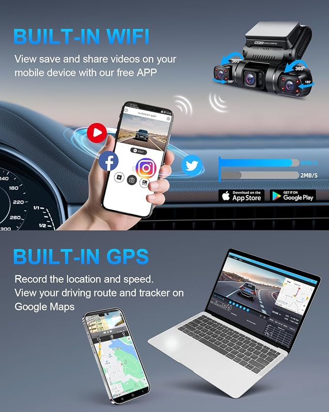 360° 4 Channel Dash Cam Front and Rear Inside Left Right, Dash Camera for Cars, Built-in GPS WiFi Night Vision, 24/7 Recording Parking Mode Monitor, 128G Card Included
