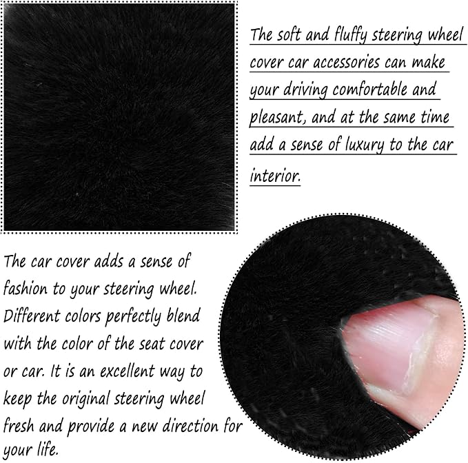 Fluffy Steering Wheel Cover for Women Fuzzy Steering Wheel Cover Winter Warm Faux Wool Plush Car Wheel Cover Furry Steering Wheel Protector Universal Fit 15 Inch (Black)