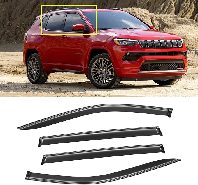 Window Visor for 2017-2025 Jeep Compass, Out-Channel Rain Guards Shields Vent Deflector Shade Wind Dark Smoke Ventshade Ventvisor for Compass 2018 2019 2020 2021 2022, Tape-On Outside-Mount, 4PCS