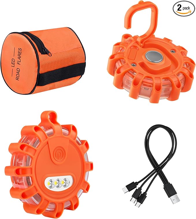 USB-C Rechargeable LED Road Flares Roadside Emergency Light, Safety Warning Flashing Flare Beacon Disc Strobe Traffic with Magnetic Base for Construction Vehicles Truck Boat (Red,2 Pack)